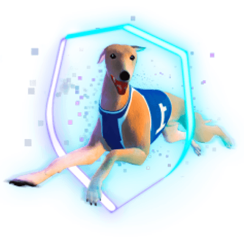 Pawsome game featuring a racing dog in a blue vest, leaping inside a neon shield in the metaverse.